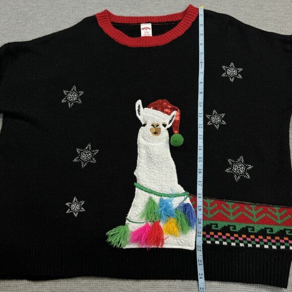 Holiday Time Womens Black Llama Christmas Sweater Hat Tassel Embellished Size XL - Picture 11 of 15